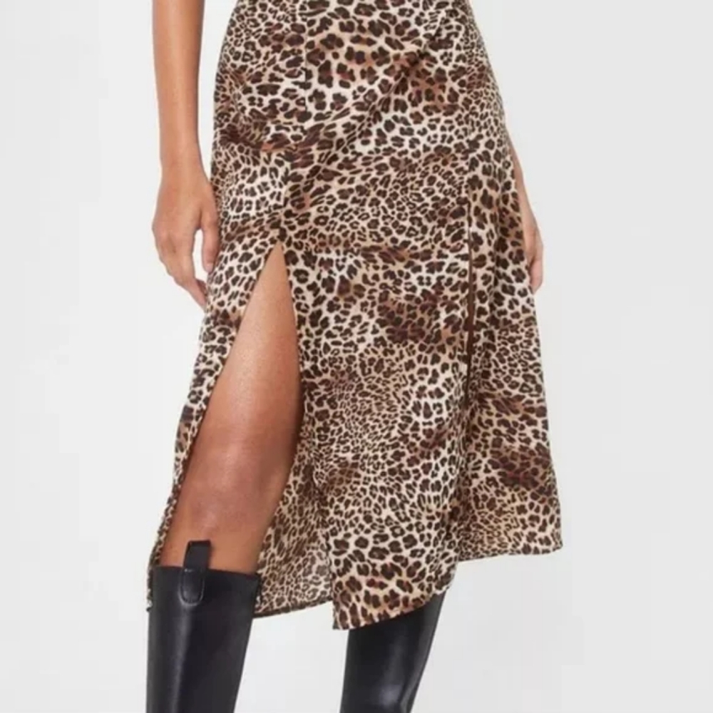 Nasty Gal Collection Leopard Animal Print Midi Slit Skirt Size 12